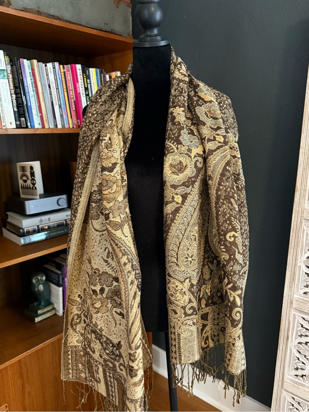 pashmina Brown and Gold Paisley Shawl Coat